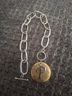 Two-Tone Silver Chain Bracelet with Gold 'P' Disc Charm